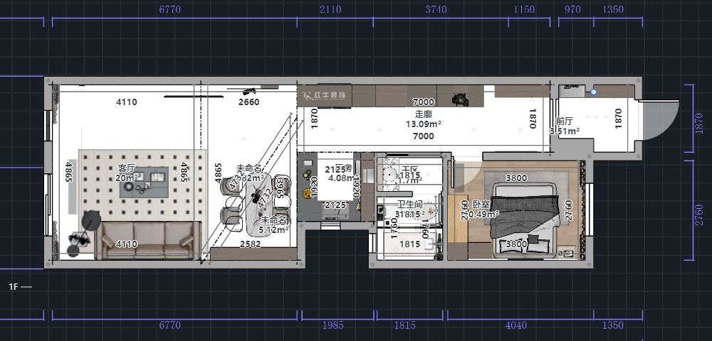 熊皓宇｜城开汤山公馆16甲103室-160㎡-现代风格｜复式｜4室2厅1厨2卫2阳台｜老房装修｜定制家｜全包｜00_01一层平面彩图